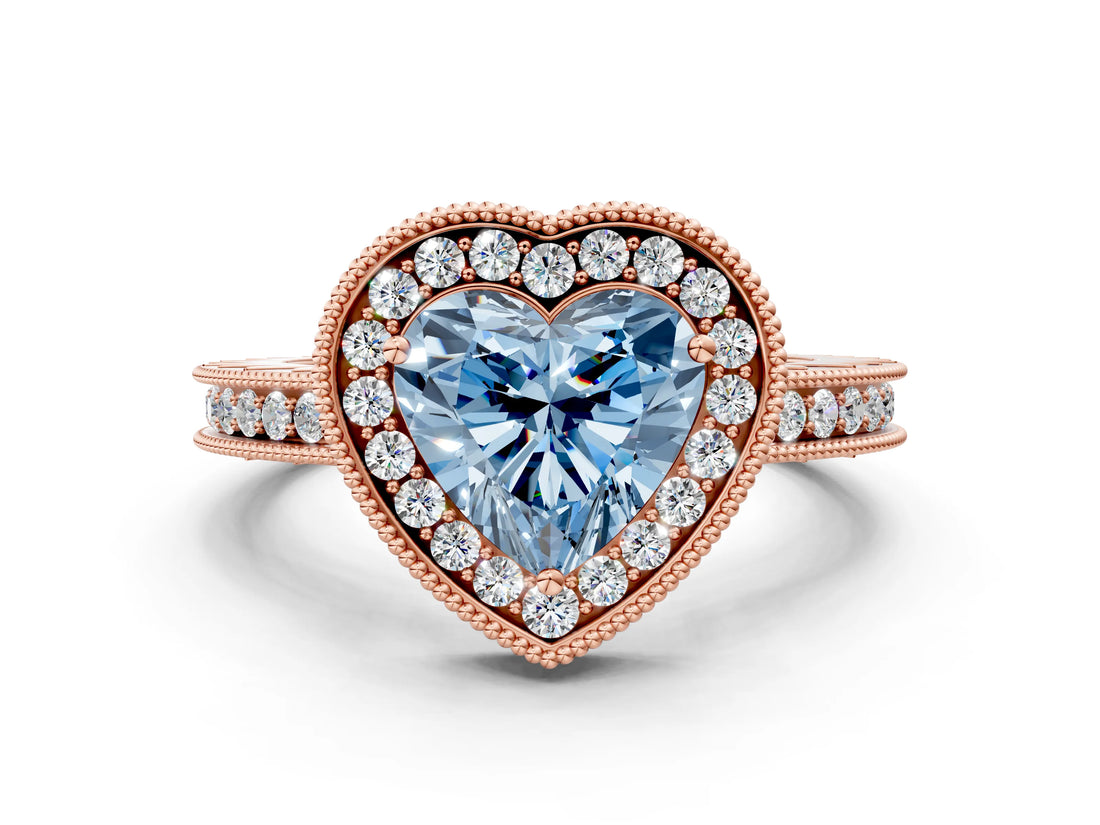 Rose gold Fancy Blue Heart  Halo Diamond Engagement Ring with Milgrain Pave Band and Four-Prong Setting_57