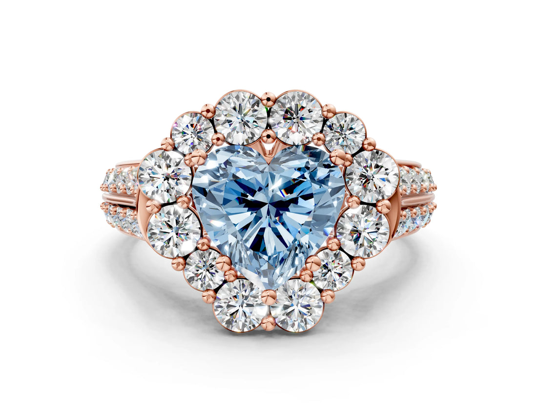 Rose gold Fancy Blue Heart  Halo Diamond Engagement Ring with Split Shank and Prong Setting_67