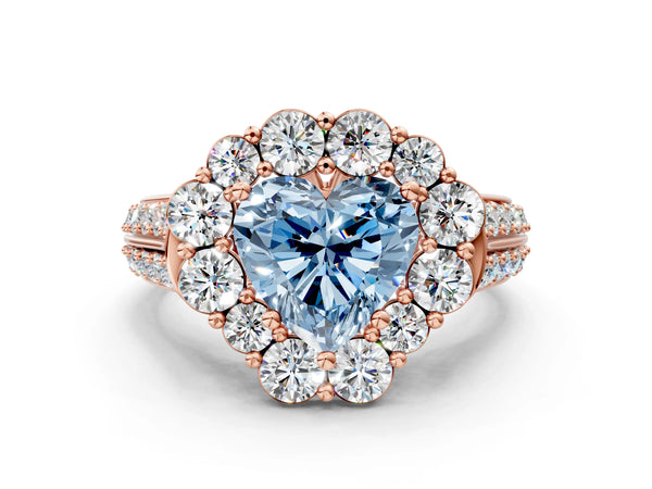 Rose gold Fancy Blue Heart  Halo Diamond Engagement Ring with Split Shank and Prong Setting