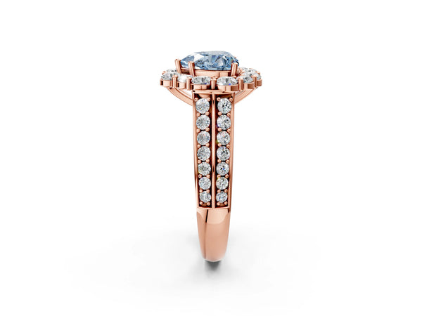 Rose gold Fancy Blue Heart  Halo Diamond Engagement Ring with Split Shank and Prong Setting