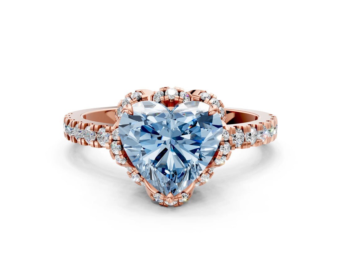 Rose gold Fancy Blue Heart  Halo Diamond Pave Band Ring with Four-Prong Setting_15