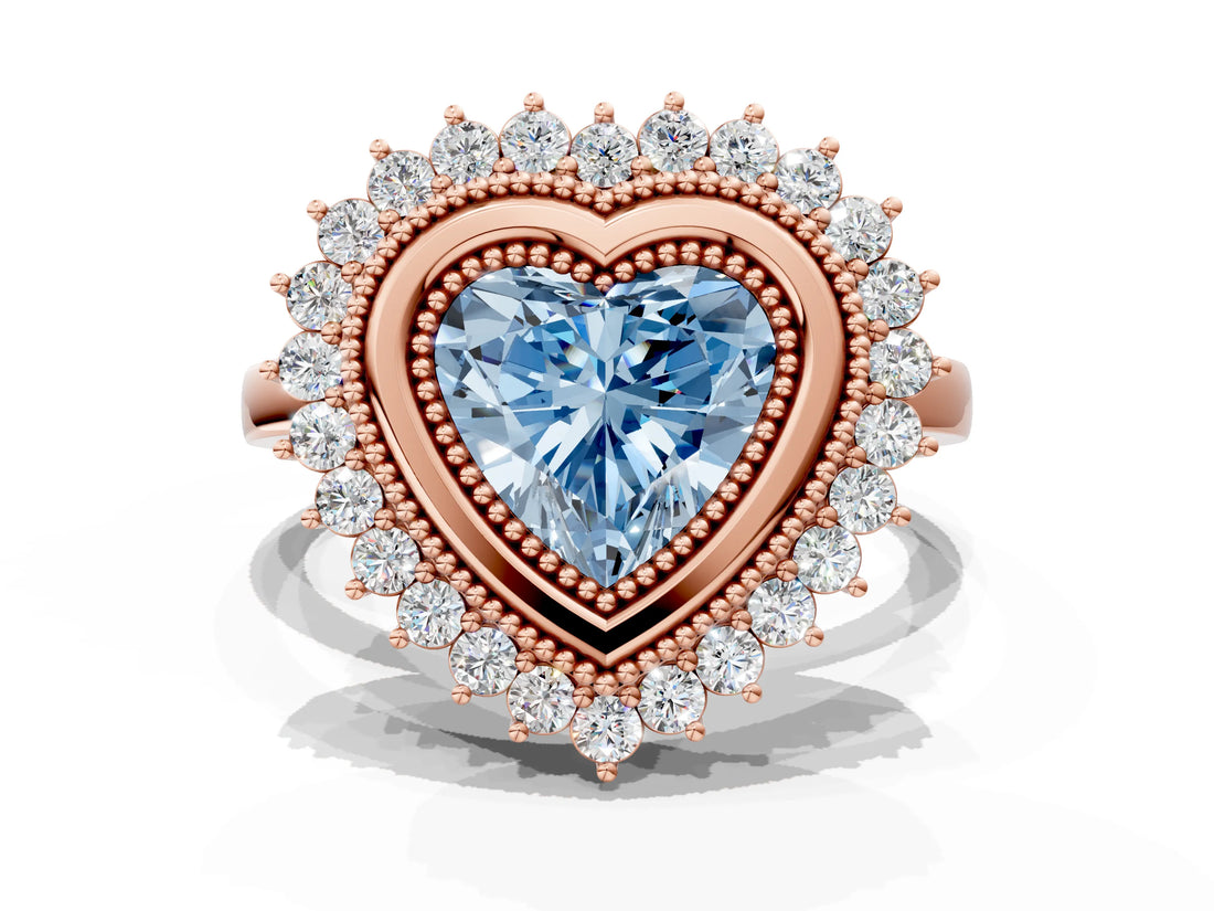 Rose gold Fancy Blue Heart  Halo Diamond Ring with Milgrain Edge and Round Prong Setting_47