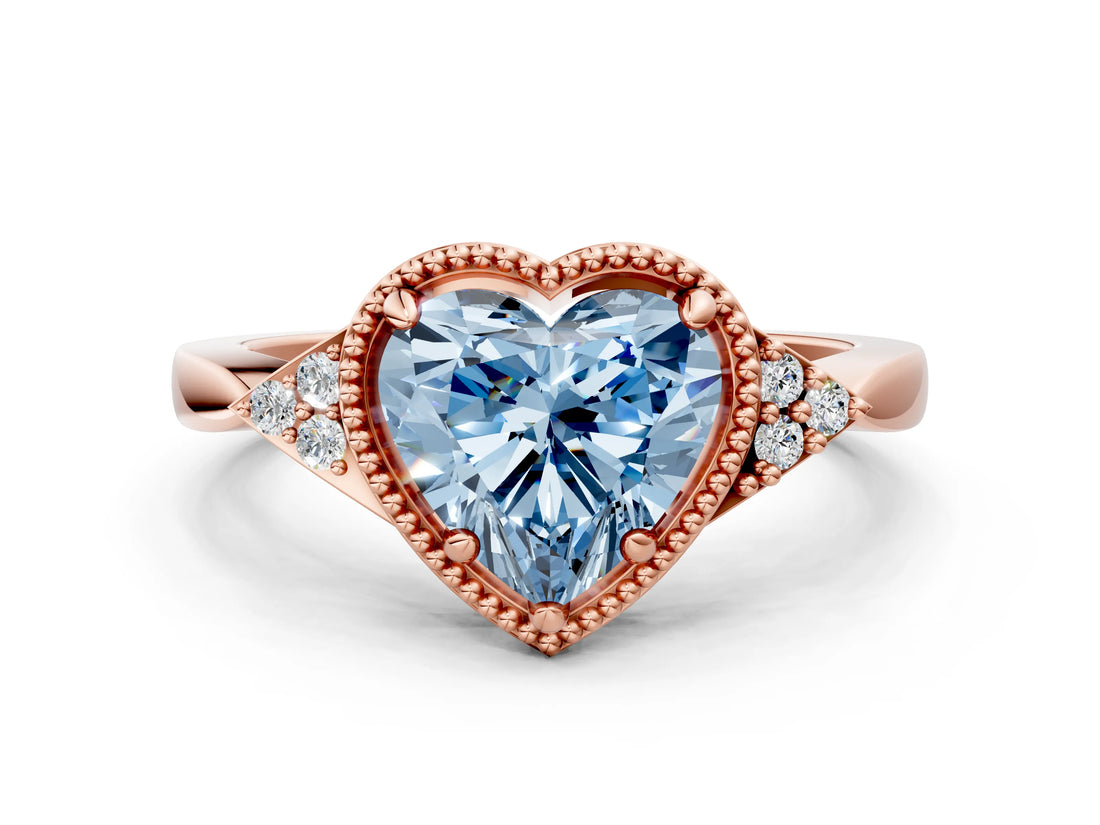 Rose gold Fancy Blue Heart  Halo Diamond Ring with Tapered Band and Four-Prong Setting_3