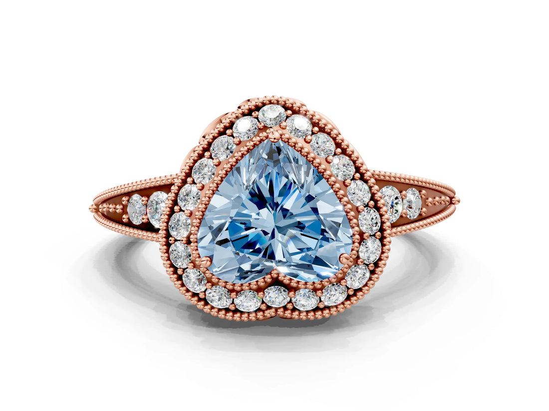 Rose gold Fancy Blue Heart  Halo Diamond Split Shank Ring with Milgrain Detail_49