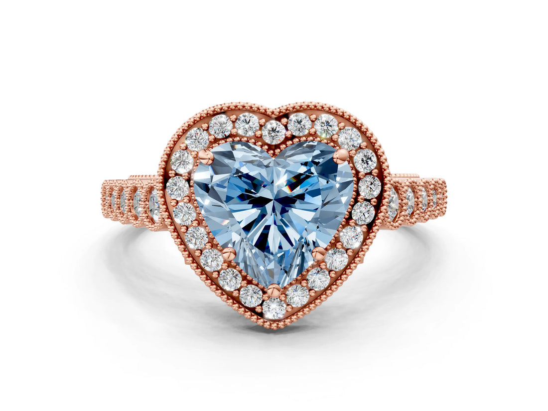 Rose gold Fancy Blue Heart  Halo Milgrain Solitaire with Bezel Set Side Stones and Pave Band_28