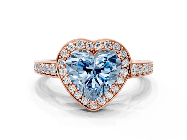 Rose gold Fancy Blue Heart  Halo Pavé Diamond Engagement Ring with Bezel Setting