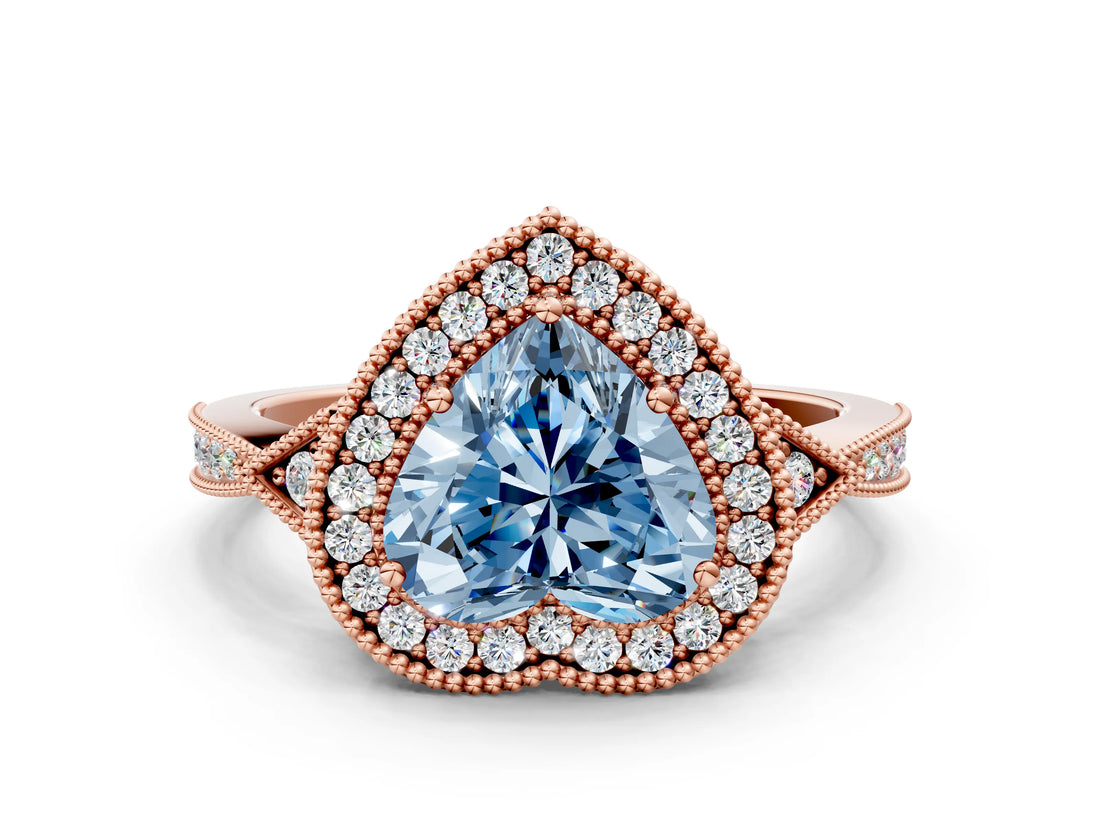 Rose gold Fancy Blue Heart  Halo Round Diamond Milgrain Pave Engagement Ring_3