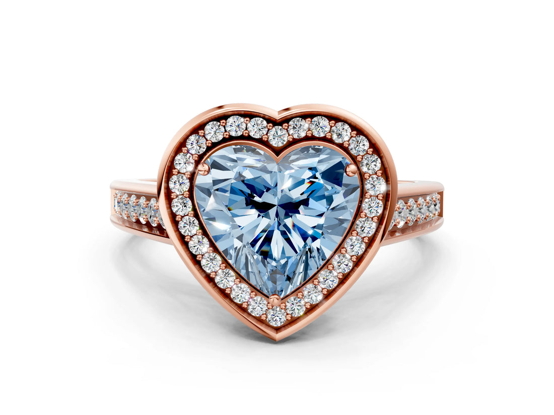 Rose gold Fancy Blue Heart  Halo Solitaire Diamond Ring with Pave Band and Bezel Setting_43