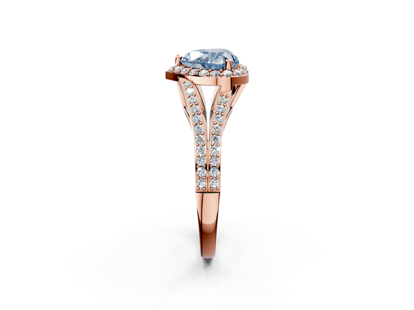 Rose gold Fancy Blue Heart  Halo Split Shank Diamond Ring with Prong Setting
