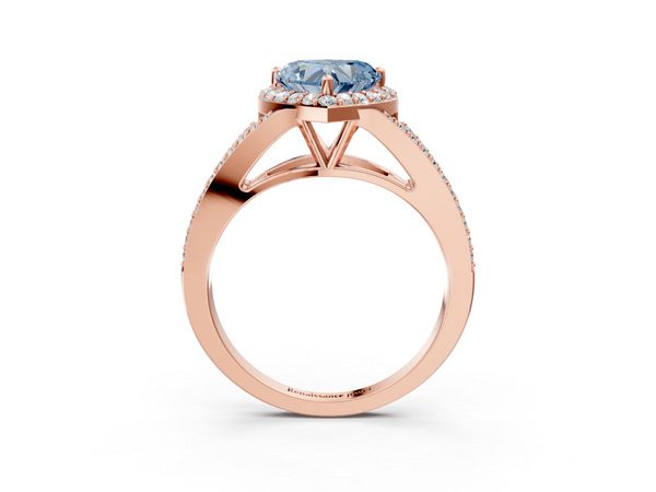 Rose gold Fancy Blue Heart  Halo Split Shank Diamond Ring with Prong Setting