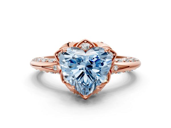 Rose gold Fancy Blue Heart  Halo Split Shank Pave Diamond Ring with Petal Prong Setting