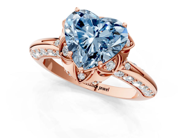 Rose gold Fancy Blue Heart  Halo Split Shank Pave Diamond Ring with Petal Prong Setting