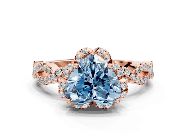 Rose gold Fancy Blue Heart  Halo Twist Band Solitaire Ring with Six-Prong Setting