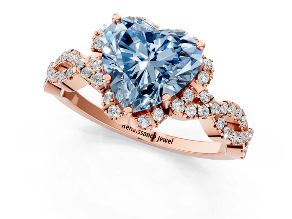 Rose gold Fancy Blue Heart  Halo Twist Band Solitaire Ring with Six-Prong Setting
