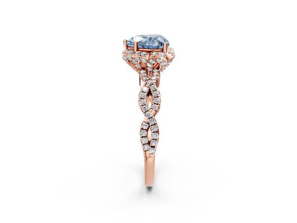 Rose gold Fancy Blue Heart  Halo Twist Band Solitaire Ring with Six-Prong Setting