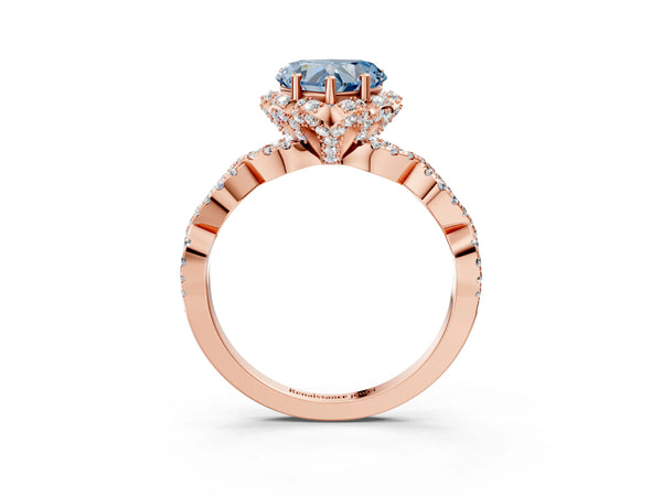 Rose gold Fancy Blue Heart  Halo Twist Band Solitaire Ring with Six-Prong Setting