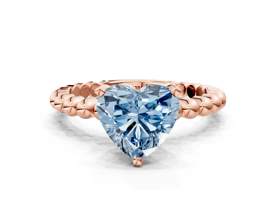 Rose gold Fancy Blue Heart  Solitaire Beaded Band Prong Setting Ring