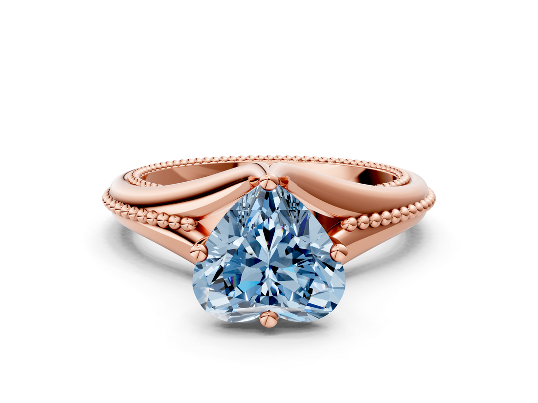 Rose gold Fancy Blue Heart  Solitaire Beaded Band Six-Prong Setting