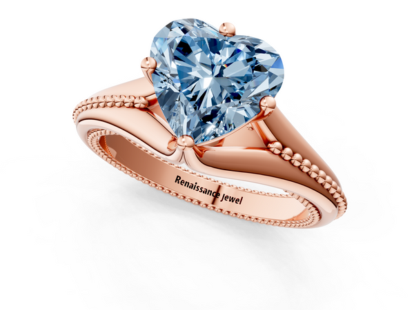 Rose gold Fancy Blue Heart  Solitaire Beaded Band Six-Prong Setting