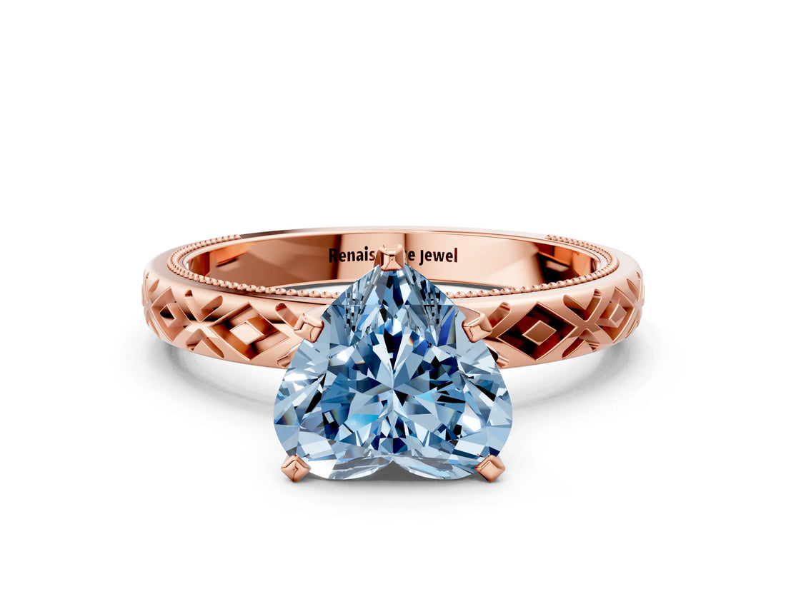 Rose gold Fancy Blue Heart  Solitaire Diamond Ring with Milgrain and Black Enamel X Pattern Band_160