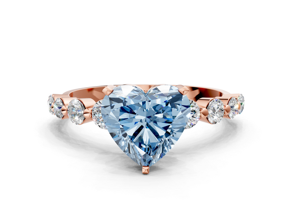 Rose gold Fancy Blue Heart Cut Solitaire Diamond Ring with Pave Band and Four-Prong Setting