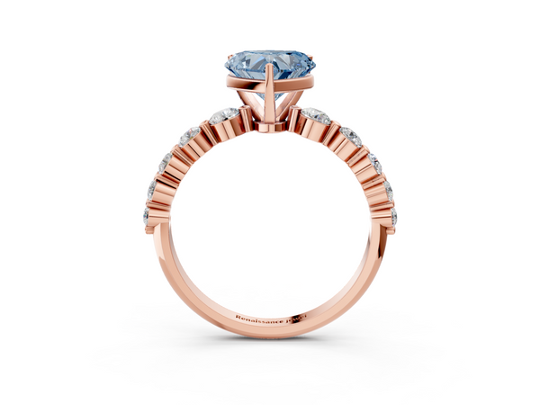 Rose gold Fancy Blue Heart Cut Solitaire Diamond Ring with Pave Band and Four-Prong Setting