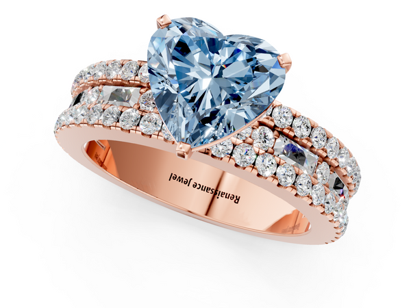 Rose gold Fancy Blue Heart Cut Diamond Solitaire Ring with Pavé and Channel Set Band
