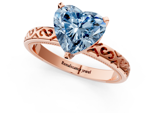 Rose gold Fancy Blue Heart  Solitaire Engagement Ring with Scrollwork Band and Four-Prong Setting