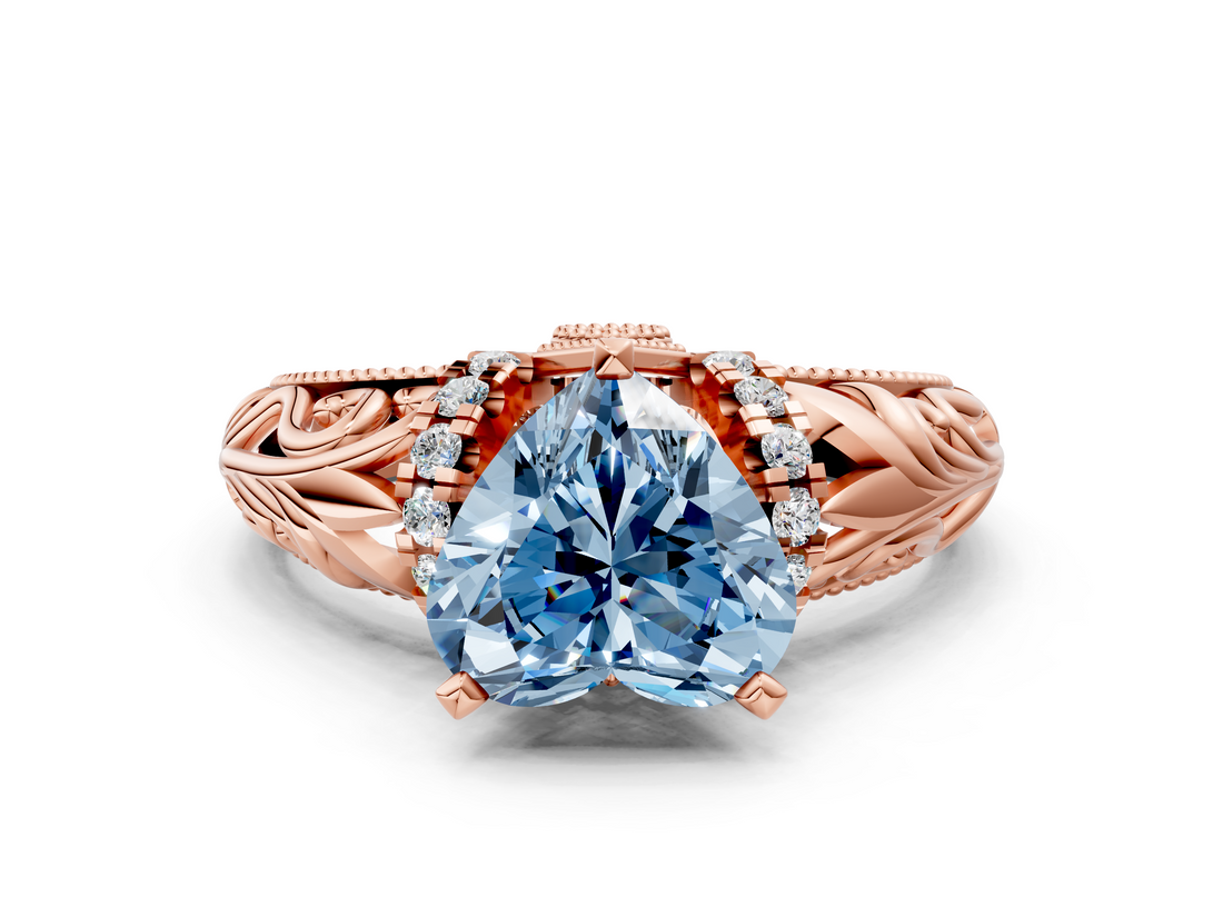 Rose gold Fancy Blue Heart  Solitaire Filigree Engagement Ring with Halo and Prong Setting_68