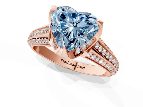 Rose gold Fancy Blue Heart  Solitaire Pave Split Shank Ring with Four-Prong Setting
