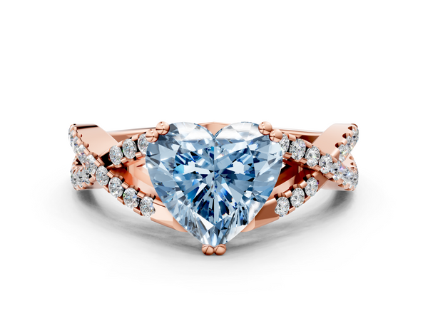 Rose gold Fancy Blue Heart Cut Diamond Solitaire Ring with Four-Prong Setting and Twisted Pavé Band