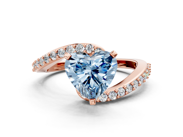 Rose gold Fancy Blue Heart  Solitaire Twist Band with Pave Set Diamonds and Four-Prong Setting