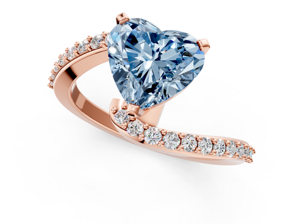 Rose gold Fancy Blue Heart  Solitaire Twist Band with Pave Set Diamonds and Four-Prong Setting