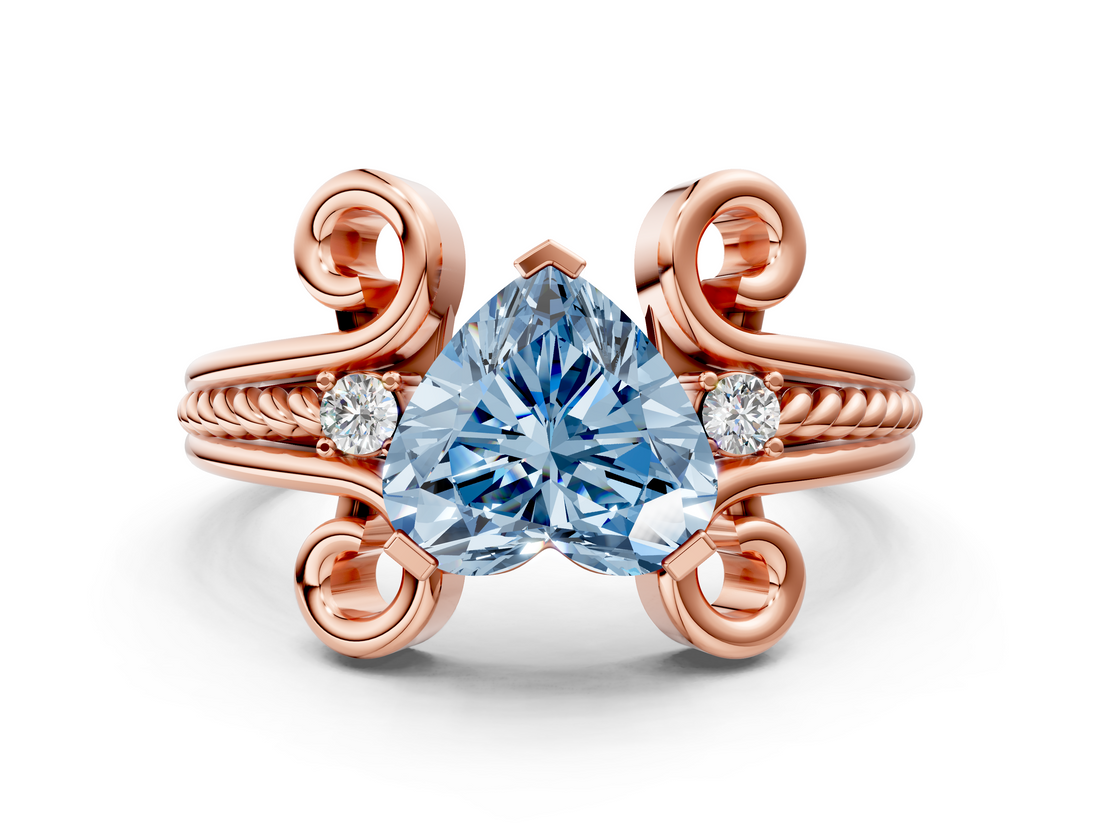 Rose gold Fancy Blue Heart  Solitaire Twisted Band Scroll Prong Ring_3