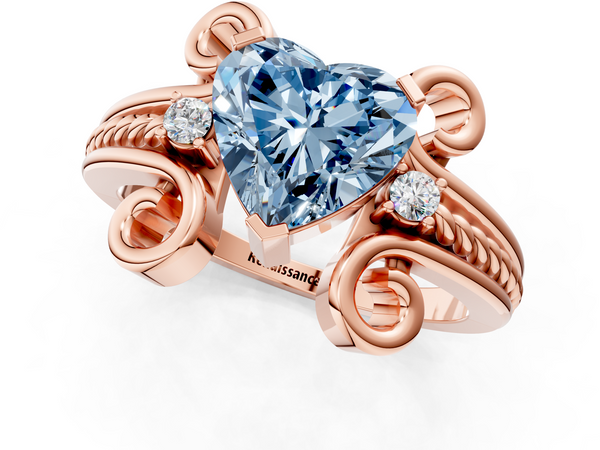 Rose gold Fancy Blue Heart  Solitaire Twisted Band Scroll Prong Ring