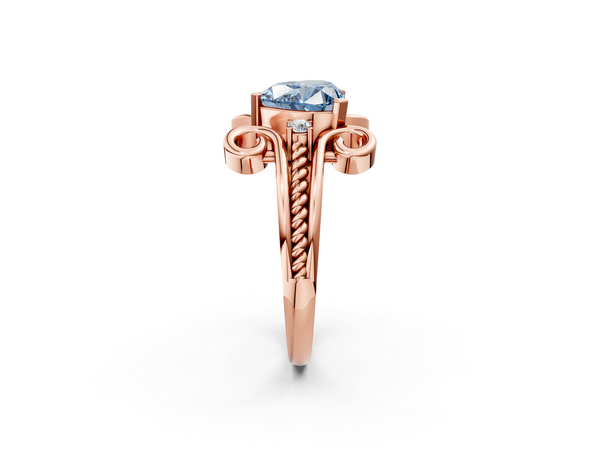 Rose gold Fancy Blue Heart  Solitaire Twisted Band Scroll Prong Ring