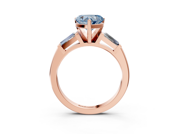 Rose gold Fancy Blue Heart  Solitaire with Tapered Baguette Side Stones on a Classic Band with Four-Prong Setting