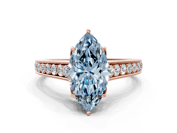 Rose gold Fancy Blue Marquise  Brilliant Cut Diamond Engagement Ring with Pavé Band and Four-Prong Setting