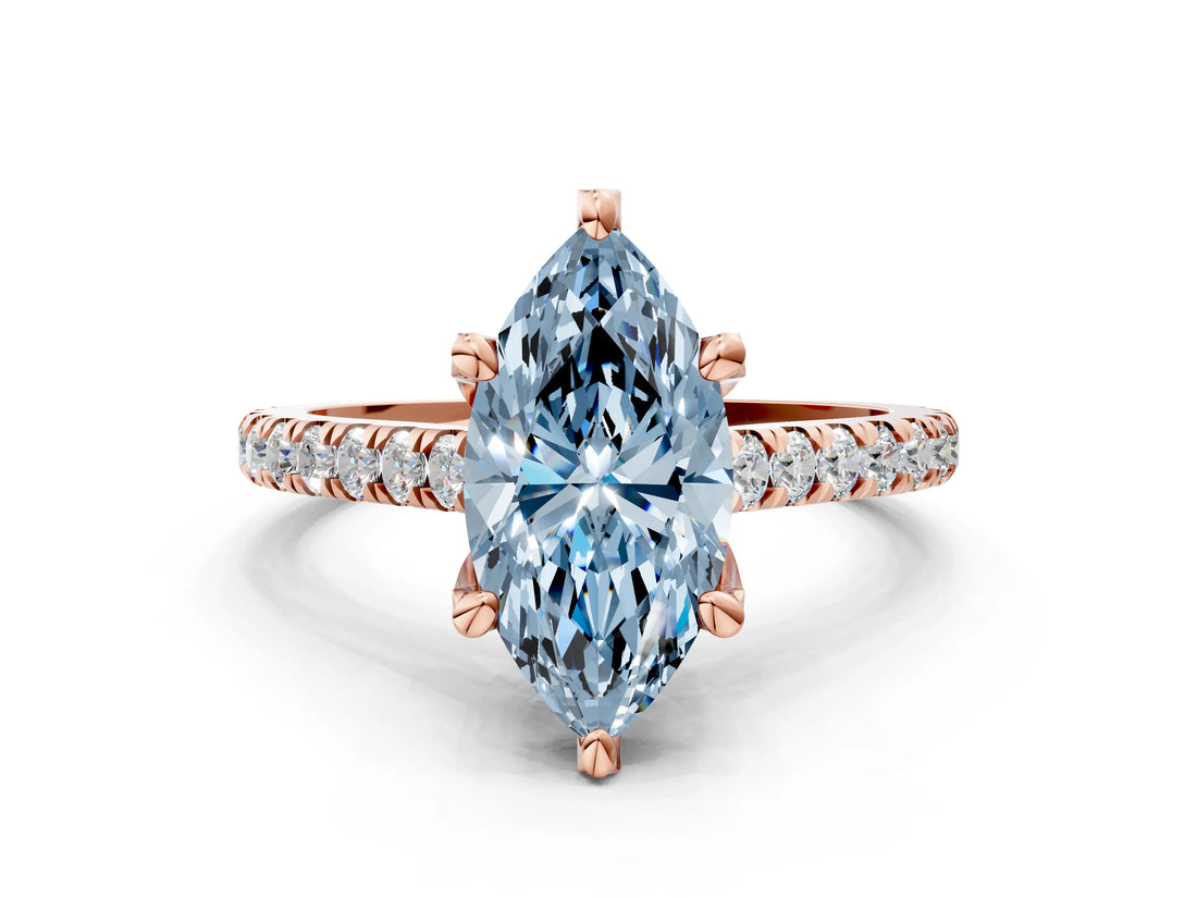 Rose gold Fancy Blue Marquise  Brilliant Diamond Solitaire with Pavé Band and Four-Prong Setting