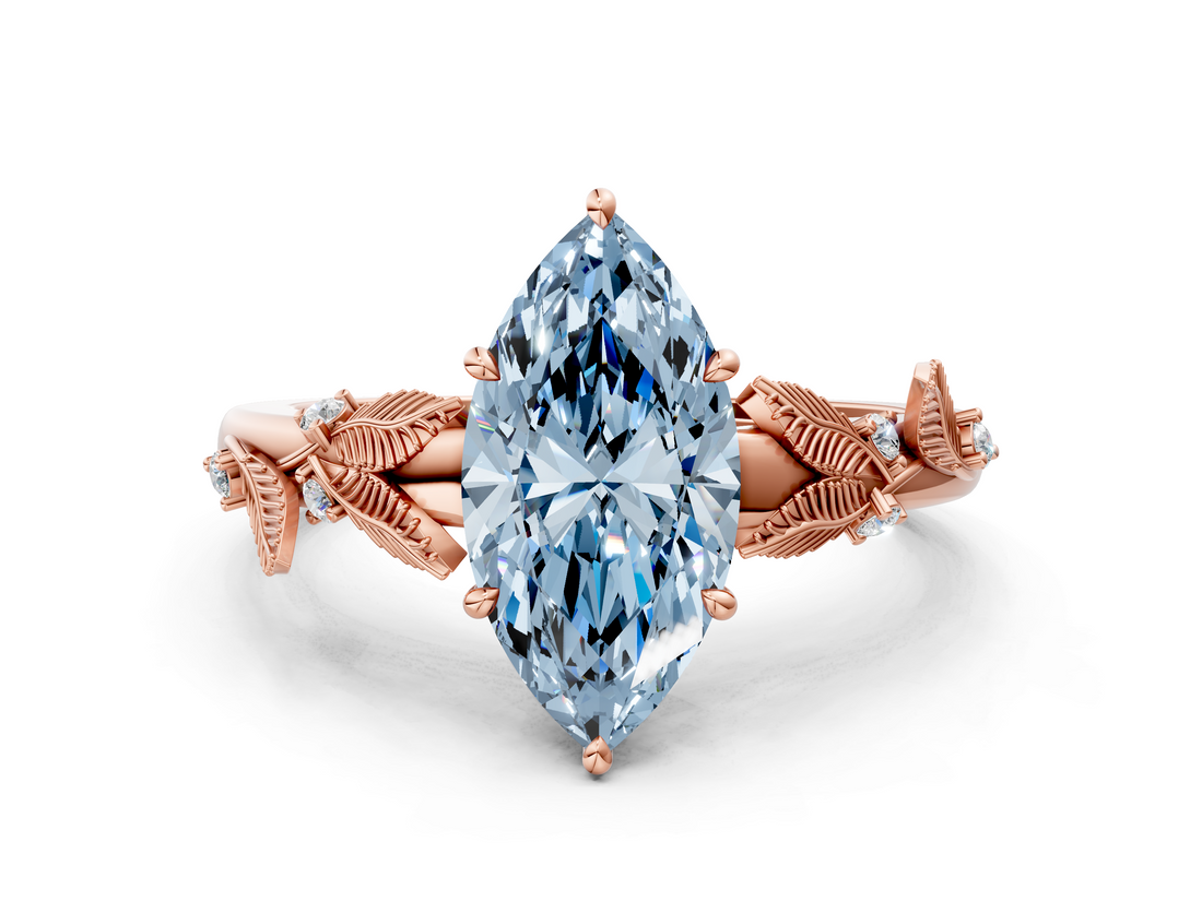 Rose gold Fancy Blue Marquise  Brilliant Solitaire with Leaf Motif Band and Four-Prong Setting_61
