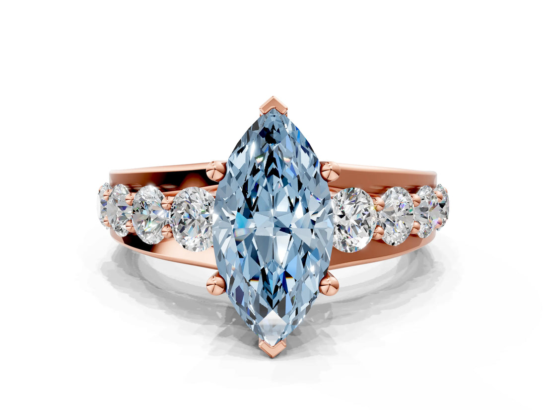 Rose gold Fancy Blue Marquise  Brilliant Solitaire with Side Stones on a Pave Band and Four-Prong Setting_24