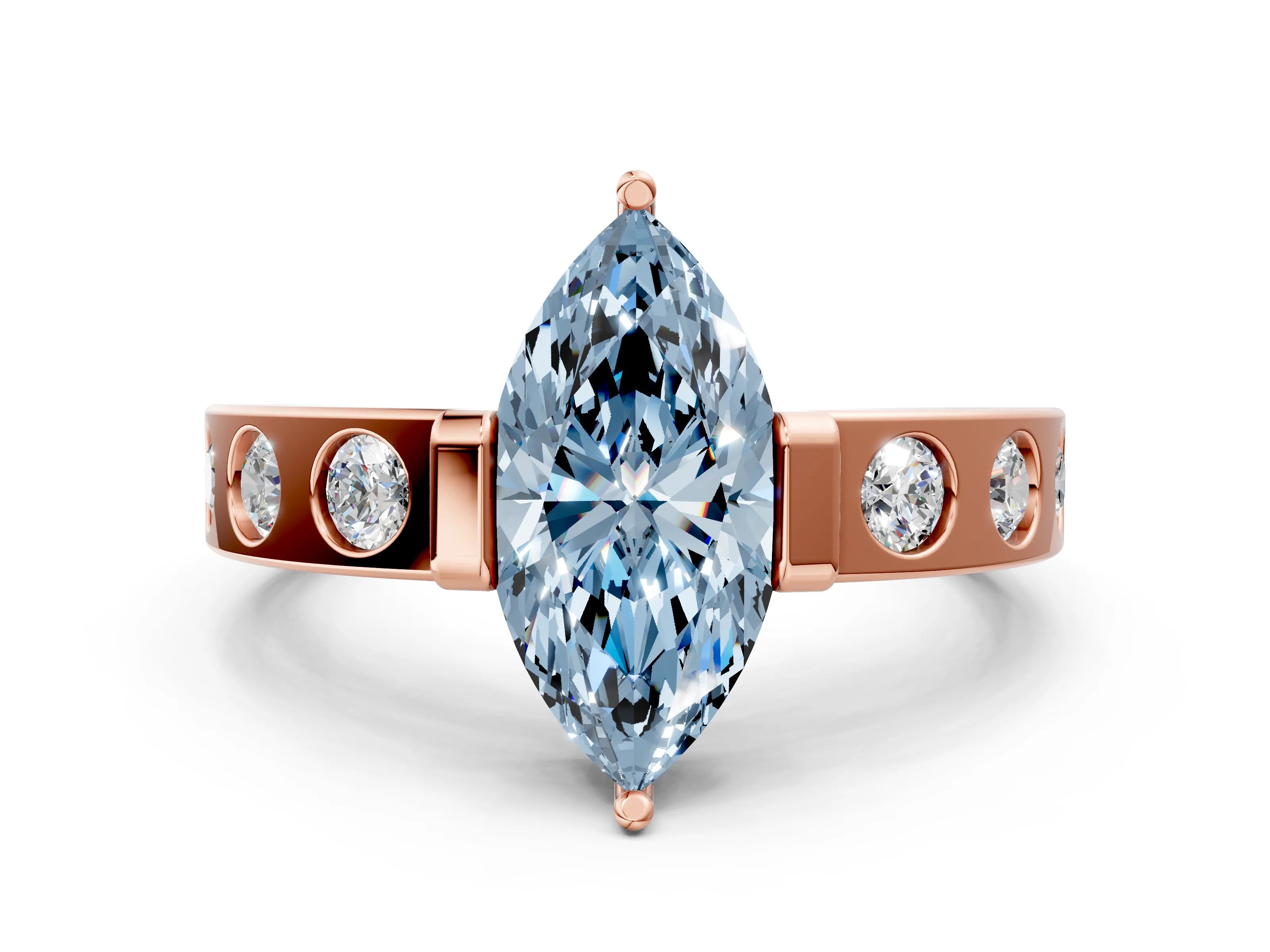 Rose gold Fancy Blue Marquise Cut Brilliant Channel-Set Diamond Ring with Bezel Prong Setting