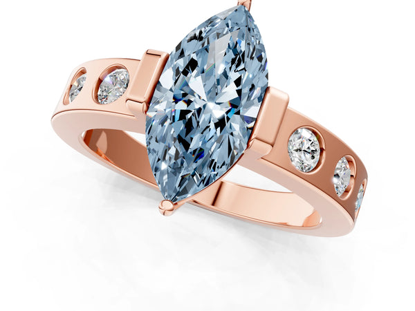 Rose gold Fancy Blue Marquise Cut Brilliant Channel-Set Diamond Ring with Bezel Prong Setting