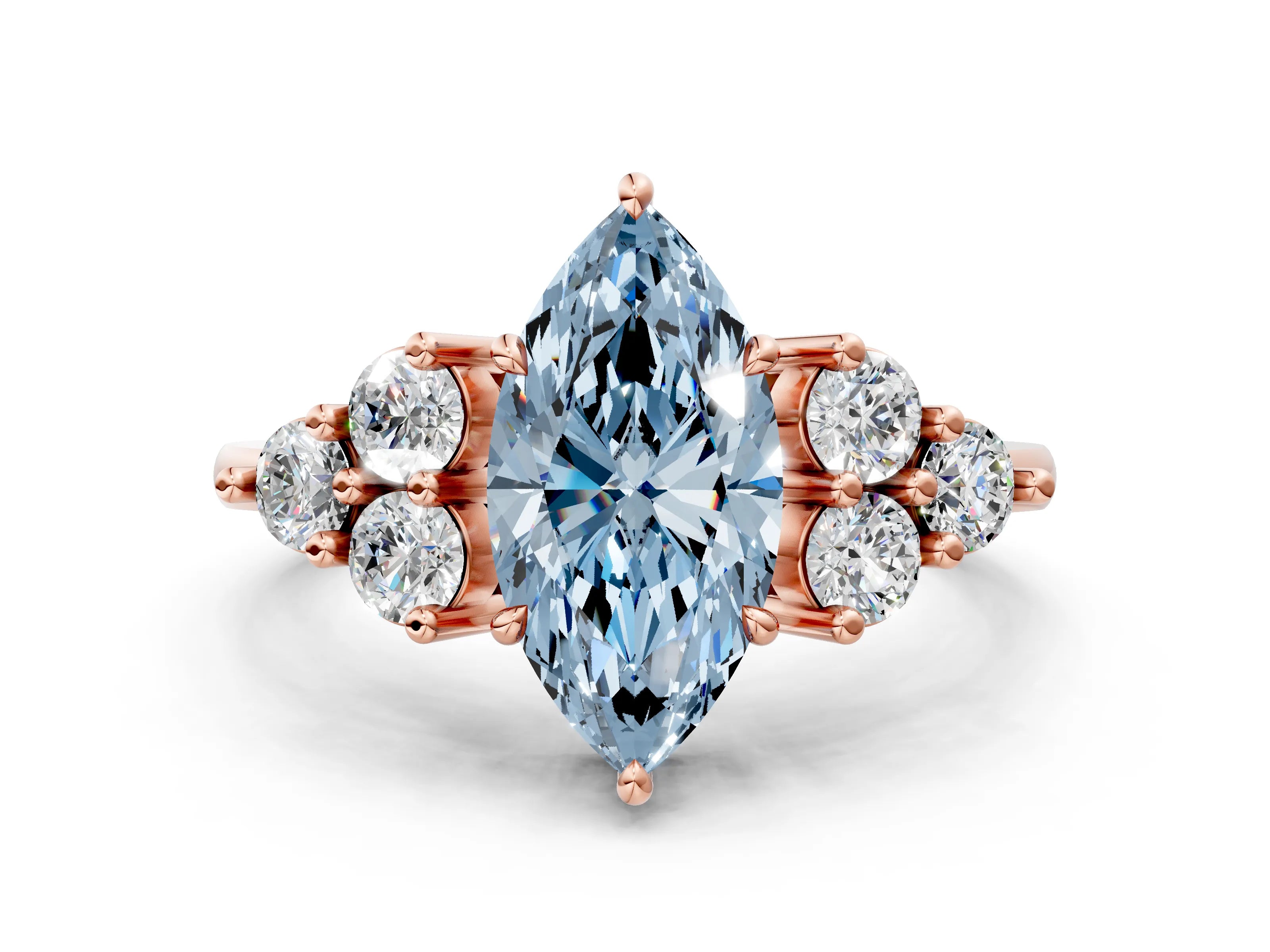 Rose gold Fancy Blue Marquise Cut Brilliant Diamond Cluster Accent Solitaire Ring with Prong Setting