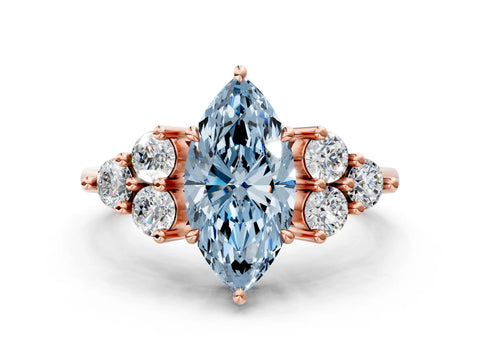 Rose gold Fancy Blue Marquise Cut Brilliant Diamond Cluster Accent Solitaire Ring with Prong Setting