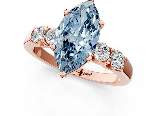 Rose gold Fancy Blue Marquise Cut Brilliant Diamond Five-Stone Engagement Ring with Prong Setting on a Classic Band