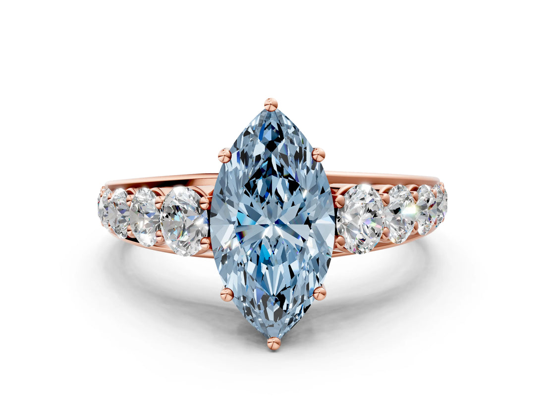 Rose gold Fancy Blue Marquise Cut Brilliant Diamond Pavé Band with Six-Prong Setting