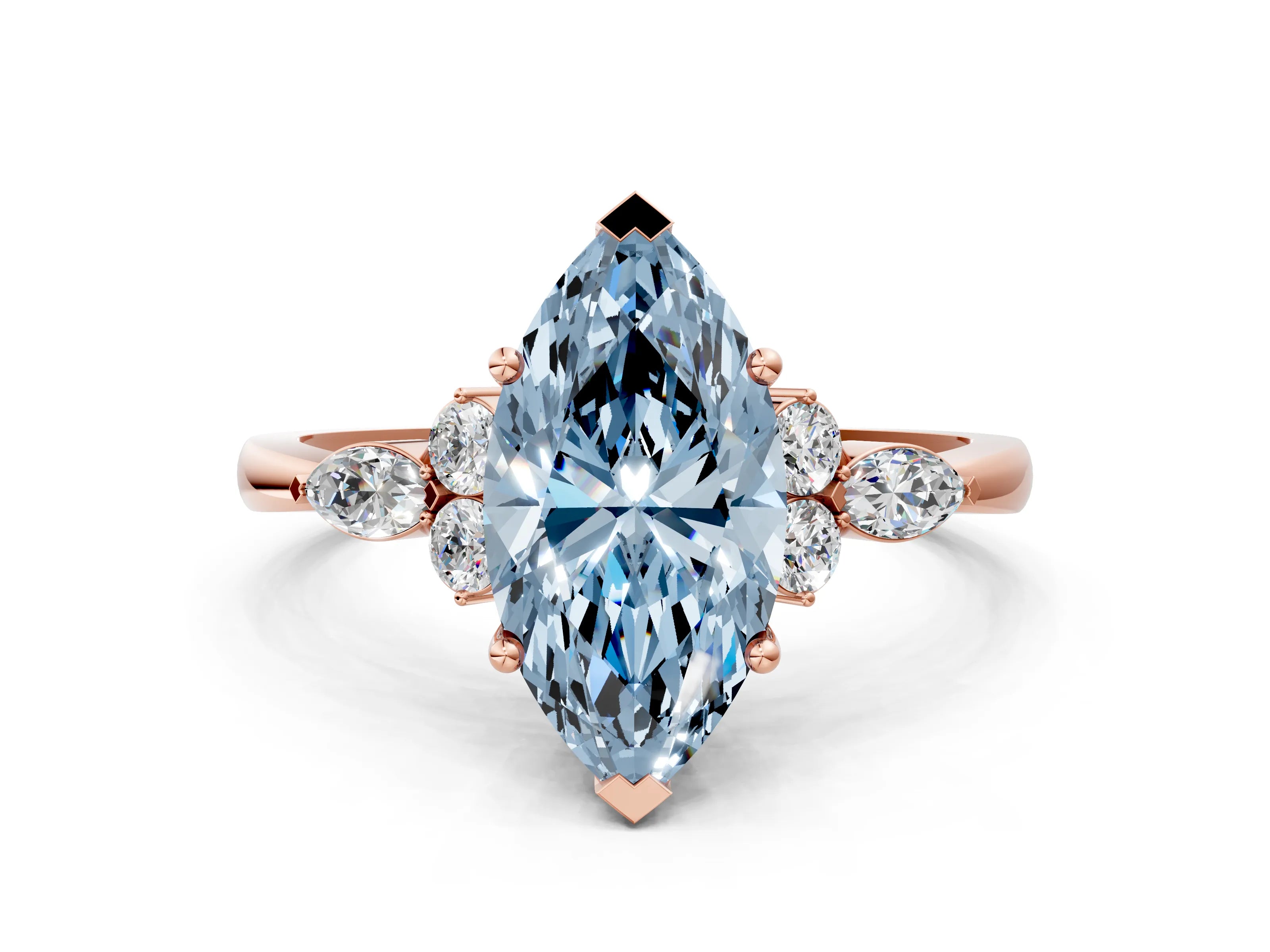 Rose gold Fancy Blue Marquise Cut Brilliant Diamond Solitaire Ring with Pear Side Stones and Four-Prong Setting_3