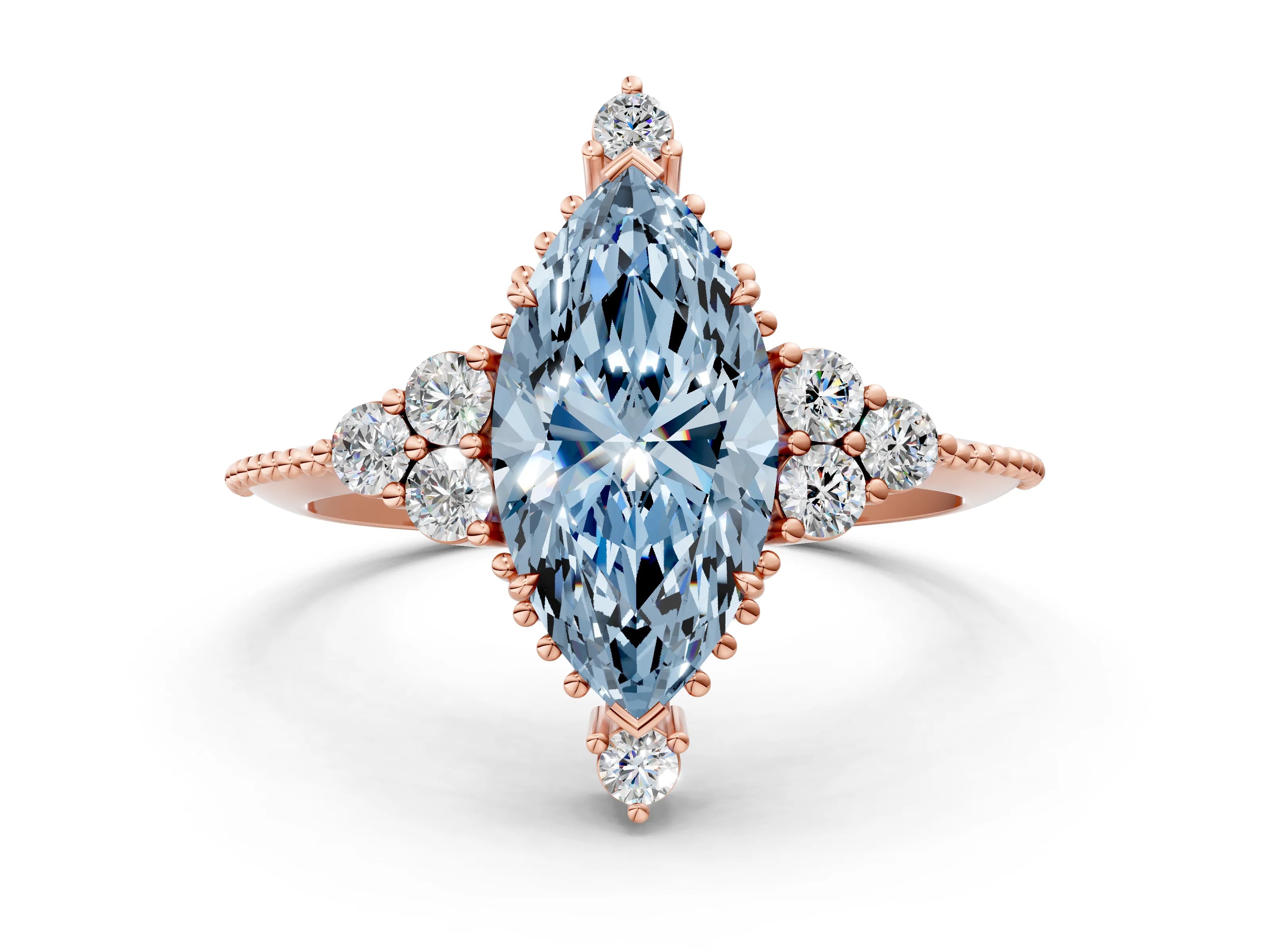Rose gold Fancy Blue Marquise Cut Brilliant Diamond with Cluster Setting on a Beaded Band and Four-Prong Setting