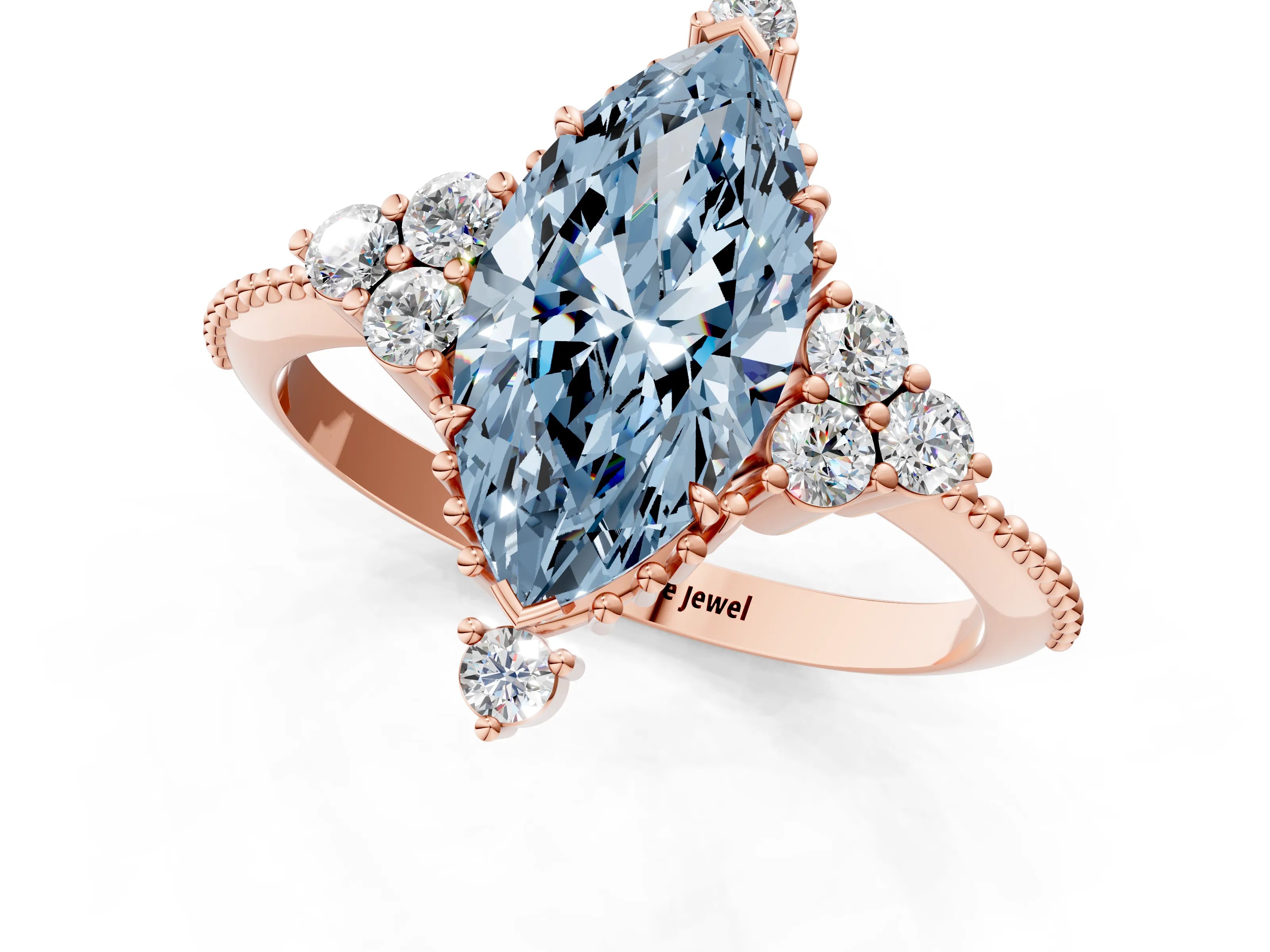 Rose gold Fancy Blue Marquise Cut Brilliant Diamond with Cluster Setting on a Beaded Band and Four-Prong Setting_1